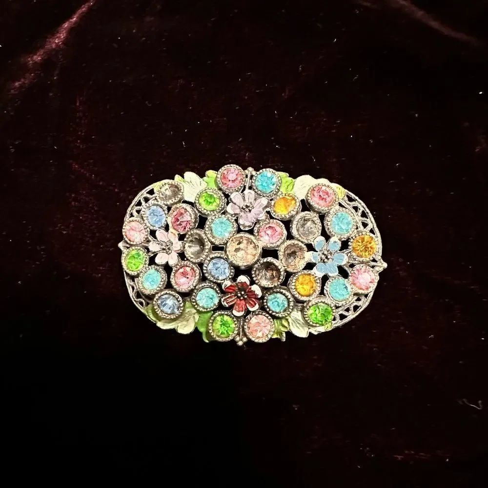 Vintage 1940’s Little Nemo Rhinestone and Painted Floral Brooch